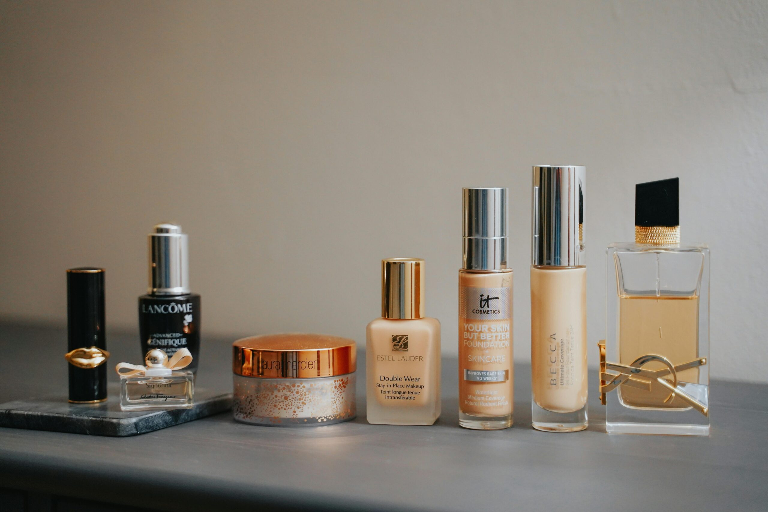 Affordable makeup displayed on a bathroom counter