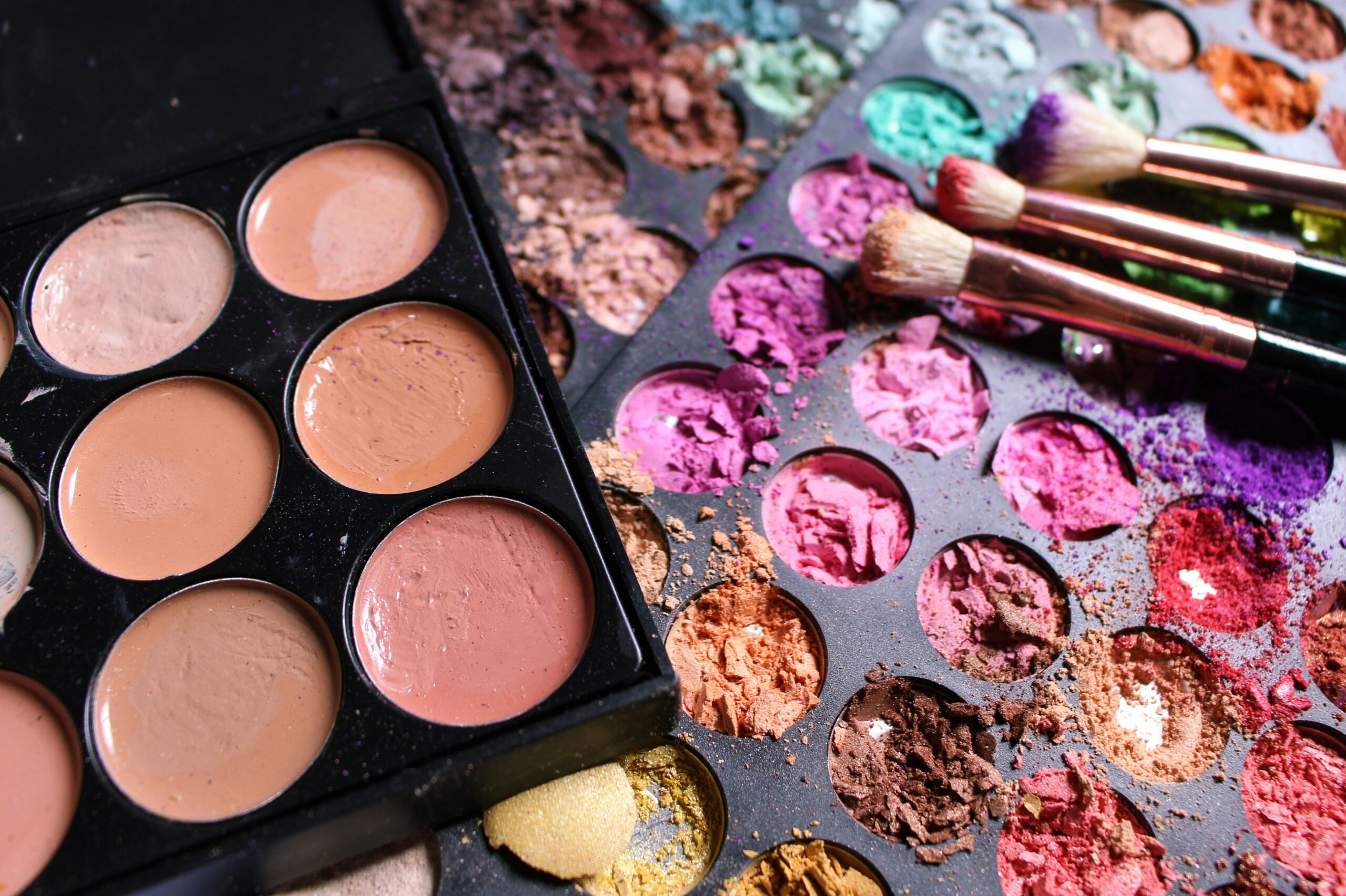 Comparison image showing side-by-side swatches of drugstore vs luxury eyeshadow palettes.